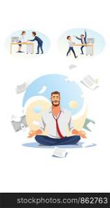 Busy Businessman or Company Employee Meditating in Lotus Pose On Background of Yin and Yang Symbol Flat Vector Illustration. Keeping Balance, Reducing Stress in Business. Getting Zen in Work Concept