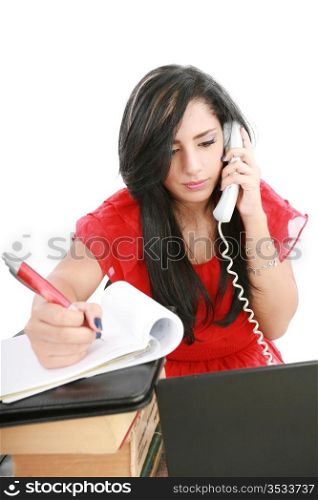 Busy businesswoman using mobile phone and take note