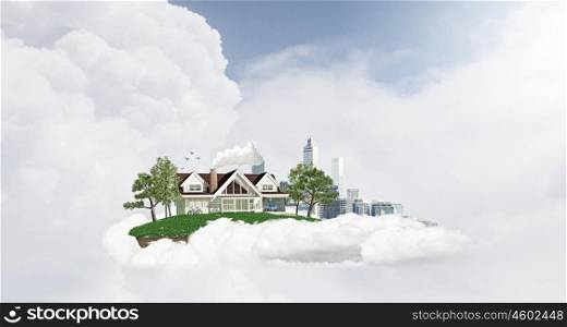 Busy city or countryside calm life. White cloud with model of modern city and suburban house