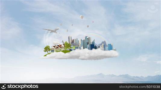 Busy city or countryside calm life. White cloud with model of modern city and suburban house