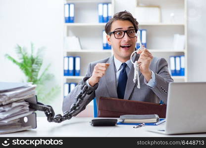 Busy employee chained to his office desk