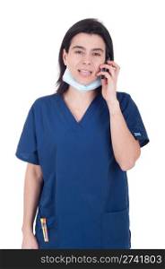 busy female doctor in uniform talking on the phone (isolated on white background)