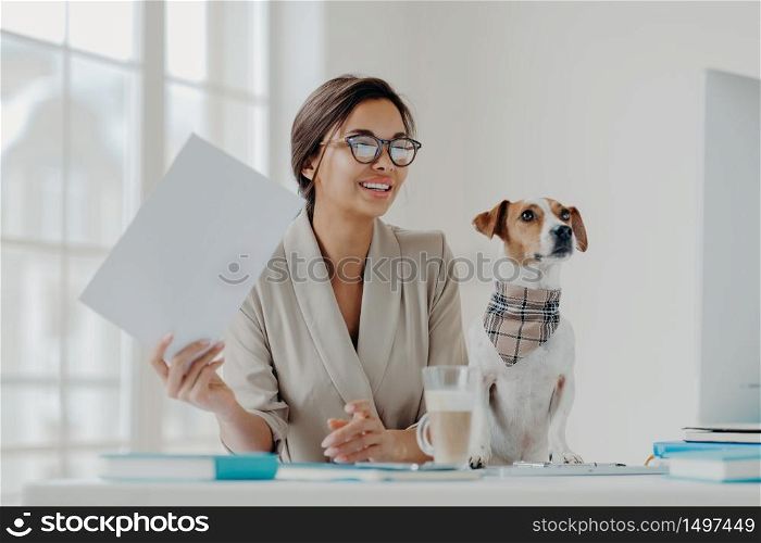 Busy female entrepreneur works with papers, prepares business report, concentrated in monitor of computer, dressed formally, dog sits near, pose at desktop with notepads around. Pet helps working
