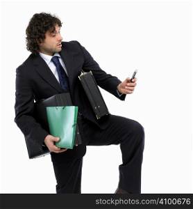 busy man with briefcase and mobilephone