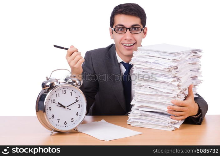 Busy man with stack of papers isolated on white