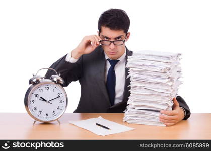 Busy man with stack of papers isolated on white