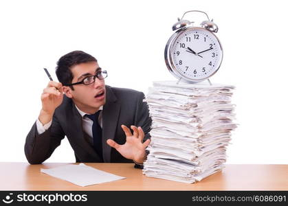 Busy man with stack of papers isolated on white