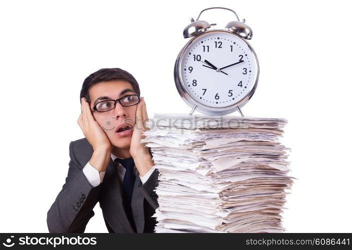 Busy man with stack of papers isolated on white