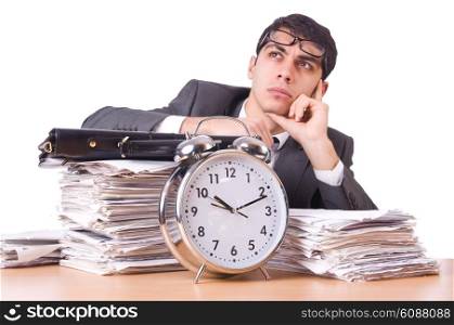 Busy man with stack of papers isolated on white
