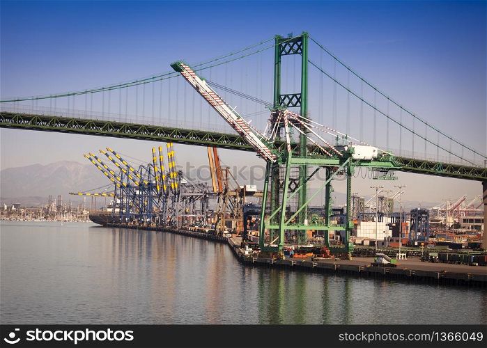 Busy San Pedro Ship Yard and Bridge.