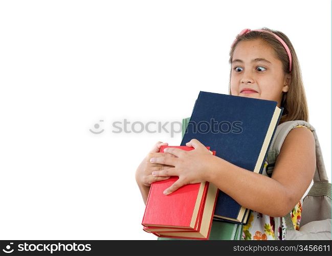 Busy student with many books and backpack on a white background
