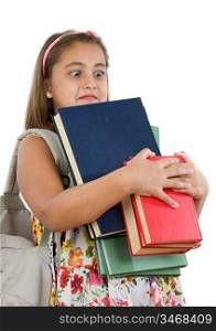 Busy student with many books and backpack on a white background