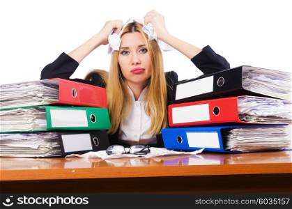 Busy woman with stacks of paper