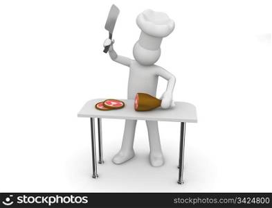 Butcher at work (3d isolated on white background characters series)
