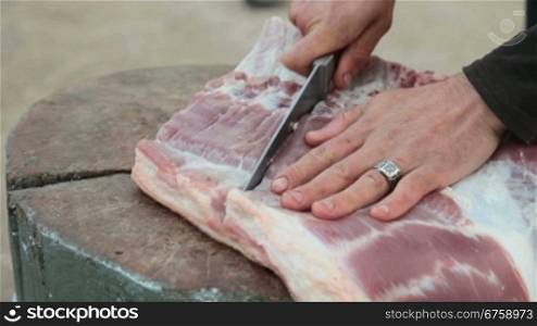 Butcher cutting fresh pork meat, close-up