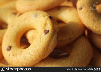 Butter cookies with chocolate chips prepared in Italian pastry shop