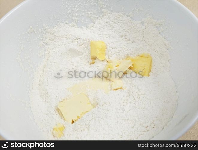 Butter cut into a flour mixture during the process of baking American biscuits or English scones (which are the same)