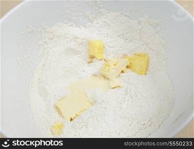 Butter cut into a flour mixture during the process of baking American biscuits or English scones (which are the same)