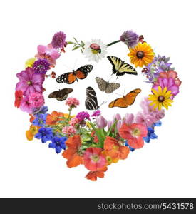 Butterflies And Assorted Flowers In Heart Shape Isolated On White Background