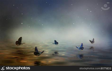 butterflies lake foggy night
