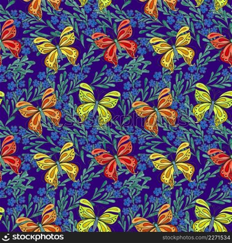Butterflies moths insects animals fly. Seamless pattern with bytterflies. Wallpaper. Rose Chamomile Wildflowers Floral. 
