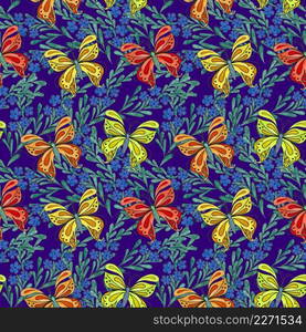 Butterflies moths insects animals fly. Seamless pattern with bytterflies. Wallpaper. Rose Chamomile Wildflowers Floral. 