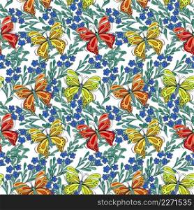 Butterflies moths insects animals fly. Seamless pattern with bytterflies. Wallpaper. Rose Chamomile Wildflowers Floral. 