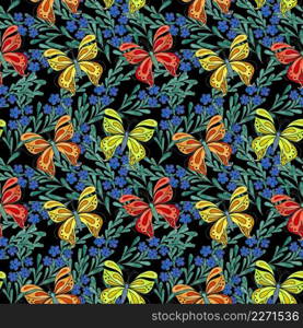 Butterflies moths insects animals fly. Seamless pattern with bytterflies. Wallpaper. Rose Chamomile Wildflowers Floral. 