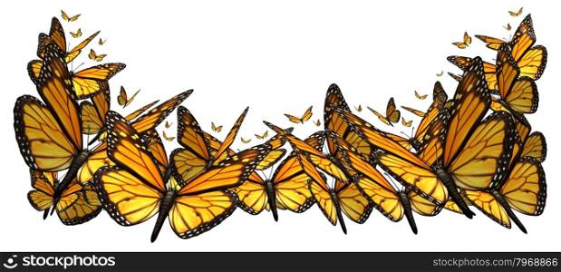 Butterfly border design element isolated on a white background as a symbol of the beauty of nature with a group of monarch butterflies flying together.