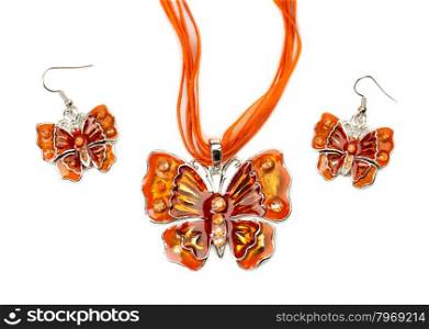 Butterfly necklace and earrings made of precious stones. Isolate on white.