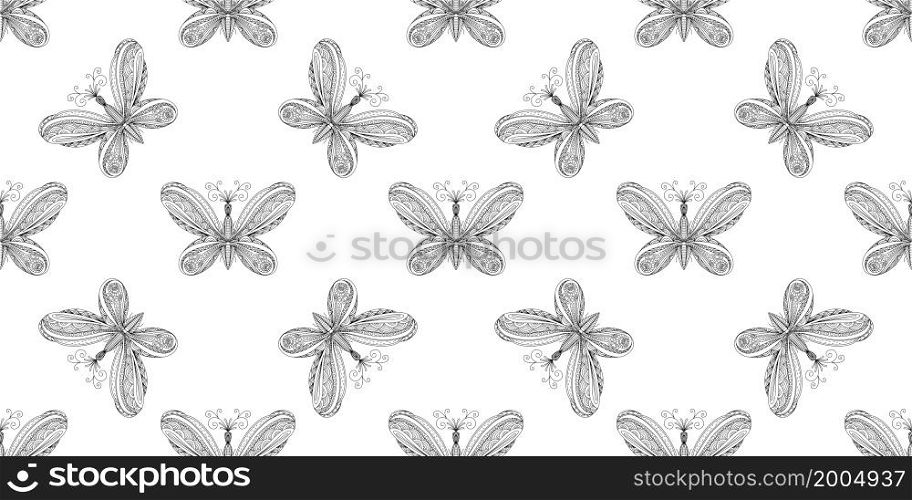 butterfly pattern. Linear art. Black and white image of a butterfly. Coloring antistress for adults. Summer light seamless design. butterfly pattern. Linear art. Black and white image of a butterfly. Coloring antistress for adults. Summer light seamless design.