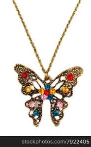 Butterfly pendant decorated with colored stones. Isolated on white.