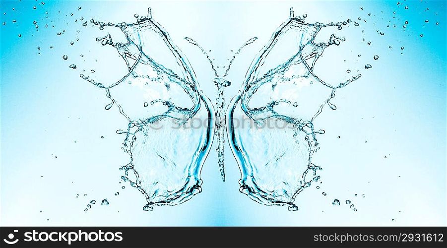 Butterfly splashing water on blue background.