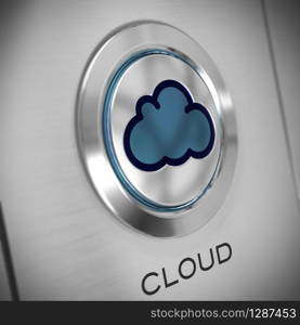 button with a cloud symbol in the center, metal background, blue color. the word cloud is written at the bottom. cloud computing