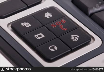 Buttons on a keyboard, selective focus on the middle right button - SOS