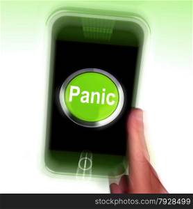 Buy Button On Mobile Shows Commerce Or Retail. Panic Mobile Meaning Anxiety Distress And Alarm