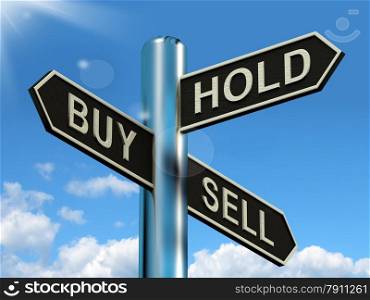 Buy Hold And Sell Signpost Representing Stocks Strategy. Buy Hold And Sell Signpost Represents Stocks Strategy