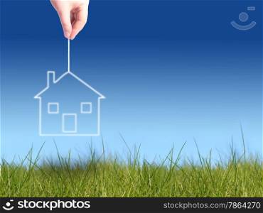 Buy new house concept. Over blue sky background.