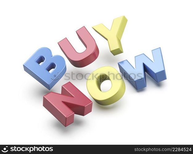 Buy now promo text with colorful letters on white background