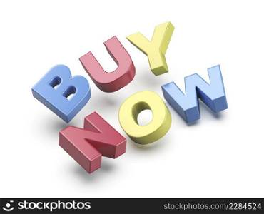 Buy now promo text with colorful letters on white background