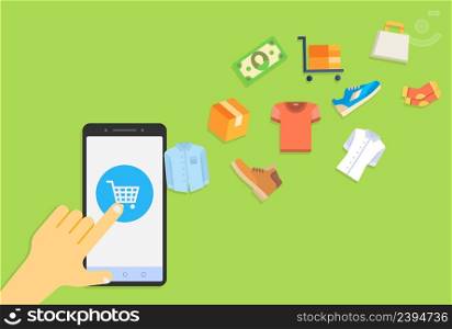 Buy online concept, goods in shopping cart. Stock HD vector. Buy online concept, goods in shopping cart. Stock vector