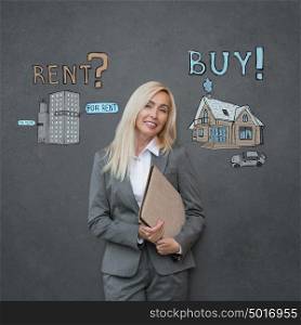 Buy or rent realty. Business woman thinking and choosing, Mortgage concept