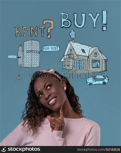 Buy or rent realty. Woman thinking and choosing, Mortgage concept