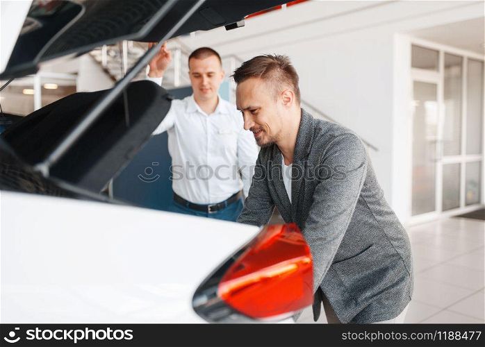 Buyer and manager looks at the trunk of new car in showroom. Male customer choosing vehicle in dealership, automobile sale, auto purchase