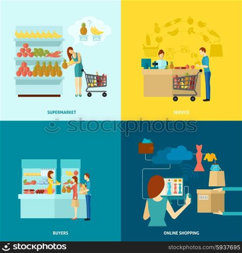 Buyer Flat Icons Set. Buyer design concept set with supermarket and online shopping service flat icons isolated vector illustration