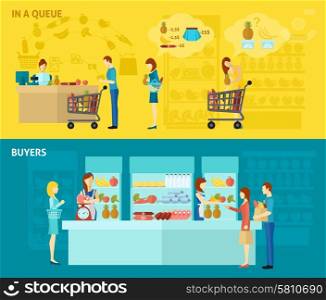 Buyer horizontal banner set with people standing in queue flat elements isolated vector illustration. Buyer Banner Set