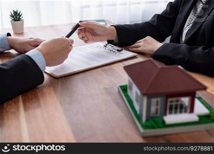 Buyer sign house loan contract with satisfaction after agree to term and condition of house loan with real estate agent. Contract document with client’s signature as housing business concept. Jubilant. Buyer sign house loan contract with satisfaction after agree to term. Jubilant