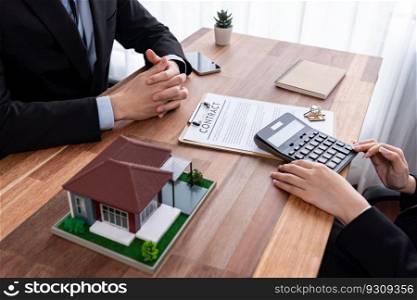 Buyer sign house loan contract with satisfaction after agree to term and condition of house loan with real estate agent. Contract document with client&rsquo;s signature as housing business concept. Jubilant. Buyer sign house loan contract with satisfaction after agree to term. Jubilant
