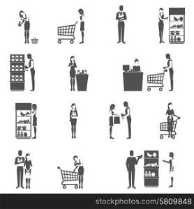 Buyers and supermarket customers black icons set isolated vector illustration. Buyer Icons Set