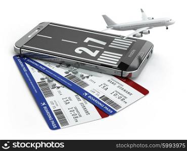 Buying airline tickets online concept. Smartphone or mobile phone with runway, airplane and boarding pass. 3d